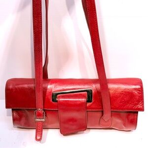Vintage Red Leather Shoulder Bag with Top Flap Oversized Silver Buckle